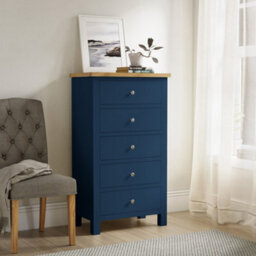 Farro Navy Xl 5 Drawer Tallboy Chest Fully Assembled - Painted With Oak Top By Roseland Furniture - thumbnail 3