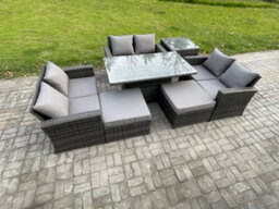 Fimous Wicker Pe Rattan Garden Furniture Set Height Adjustable Rising Lifting Table Sofa Dining Set With 2 Big Footstool - thumbnail 2