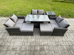 Fimous Wicker Pe Rattan Garden Furniture Set Height Adjustable Rising Lifting Table Sofa Dining Set With 2 Big Footstool - thumbnail 1