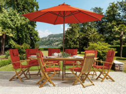 Beliani Maui 8 Seater Garden Dining Set Dark Red Acacia Wood With Parasol - thumbnail 2