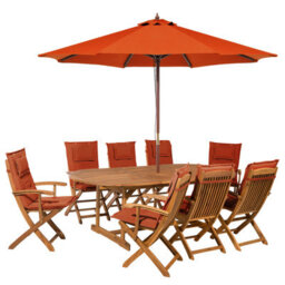 Beliani Maui 8 Seater Garden Dining Set Dark Red Acacia Wood With Parasol