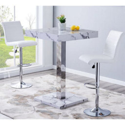 Furniture in Fashion Topaz Diva Marble Effect Gloss Bar Table 2 Ripple White Stools