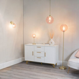 Valuelights Frenchie Brushed Gold Metal Floor Lamp With Pink Tinted Glass Globe Shade - thumbnail 6