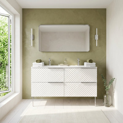 Bathroom City Elvia 1200mm White Double Vanity Unit With 2 Basins - Diamond Front Double Sink Cabinet, Soft-Close Drawers - Chrome Handles - image 1