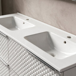Bathroom City Elvia 1200mm White Double Vanity Unit With 2 Basins - Diamond Front Double Sink Cabinet, Soft-Close Drawers - Chrome Handles - thumbnail 3
