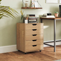 Gainoom 5 Drawer Natural Chest Rolling Dresser Storage Cabinet Under Desk Filing Cabinet With Lockable Wheels - thumbnail 5