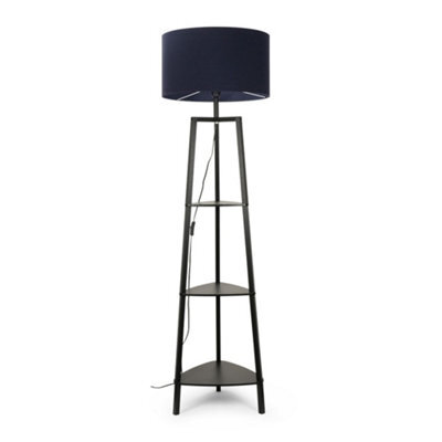 Valuelights Hiru Black 3 Tier Shelf Floor Lamp With Navy Drum Shade - image 1