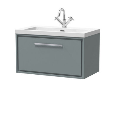 Balterley Longnor Modern Bathroom 1 Soft-Close Drawer Wall Hung Vanity Unit Fireclay Basin, Coastal Grey, 800mm - image 1