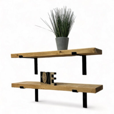 Mkgt Set Of 2 Handcrafted Rustic Wooden Wall Shelves With Black Steel Down Brackets, Solid Wood Made In Uk (Rustic Pine, 60Cm) - image 1