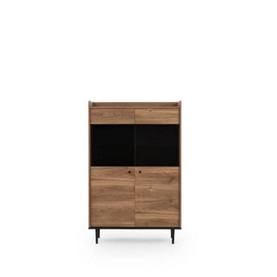 Arte Chic Vasina 10 Display Cabinet - Oak Castello & Black Matt With Modern Metal Legs - W900mm X H1400mm X D400mm - image 1