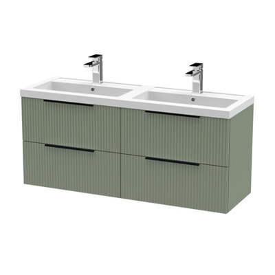 Balterley Fluted Front Wall Hung 4-Drawer Bathroom Vanity Unit With Double Basin, 1200mm, Satin Green, Black Handles - image 1