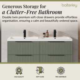 Balterley Fluted Front Wall Hung 4-Drawer Bathroom Vanity Unit With Double Basin, 1200mm, Satin Green, Black Handles - thumbnail 3