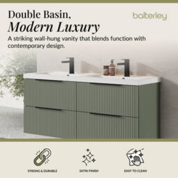 Balterley Fluted Front Wall Hung 4-Drawer Bathroom Vanity Unit With Double Basin, 1200mm, Satin Green, Black Handles - thumbnail 2