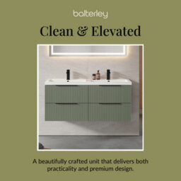 Balterley Fluted Front Wall Hung 4-Drawer Bathroom Vanity Unit With Double Basin, 1200mm, Satin Green, Black Handles - thumbnail 7
