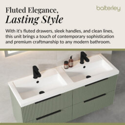 Balterley Fluted Front Wall Hung 4-Drawer Bathroom Vanity Unit With Double Basin, 1200mm, Satin Green, Black Handles - thumbnail 4