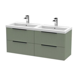 Balterley Fluted Front Wall Hung 4-Drawer Bathroom Vanity Unit With Double Basin, 1200mm, Satin Green, Black Handles