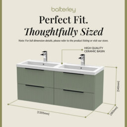 Balterley Fluted Front Wall Hung 4-Drawer Bathroom Vanity Unit With Double Basin, 1200mm, Satin Green, Black Handles - thumbnail 5