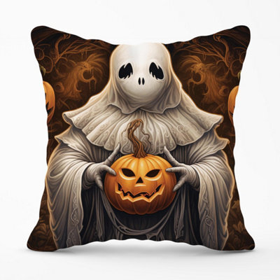 Warren Reed Designer Spooky White Ghost Holding Pumpkin Outdoor Cushion 45Cm X 45Cm - image 1