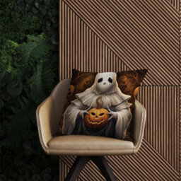 Warren Reed Designer Spooky White Ghost Holding Pumpkin Outdoor Cushion 45Cm X 45Cm - thumbnail 2