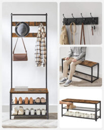 Songmics Vasagle Industrial Coat Stand With Shoe Rack And Bench, Hall Tree Rack With Movable Hooks, Top Bar, Rustic Brown And Black - thumbnail 4