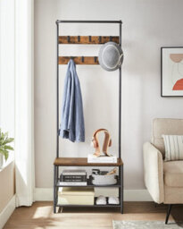 Songmics Vasagle Industrial Coat Stand With Shoe Rack And Bench, Hall Tree Rack With Movable Hooks, Top Bar, Rustic Brown And Black - thumbnail 3