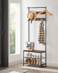 Industrial Coat Stand With Shoe Rack And Bench, Hall Tree Rack With Movable Hooks, Top Bar, Rustic Brown And Black