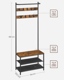 Songmics Vasagle Industrial Coat Stand With Shoe Rack And Bench, Hall Tree Rack With Movable Hooks, Top Bar, Rustic Brown And Black - thumbnail 2