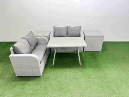 Fimous 4 Seat Outdoor Love Sofa Set Rattan Garden Furniture Set With Rectangular Dining Table 2 Side Tables Light Grey - thumbnail 1