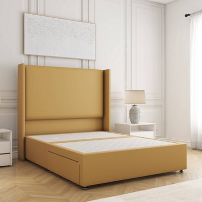 Bsspoke Austin Divan Bed Set Mustard Plush Velvet With 54Inch Wingedback Headboard & No Mattress No Drawers In All Sizes - image 1