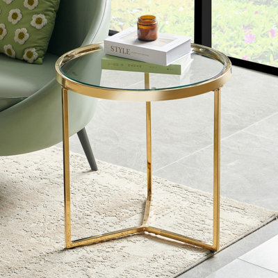 The Furniture Market Monza Round Glass Side Lamp Table Clear Glass Top, Gold Stainless Steel Frame, Adjustable Foot Pads, Modern Design, Living Room - image 1