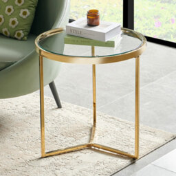 The Furniture Market Monza Round Glass Side Lamp Table Clear Glass Top, Gold Stainless Steel Frame, Adjustable Foot Pads, Modern Design, Living Room
