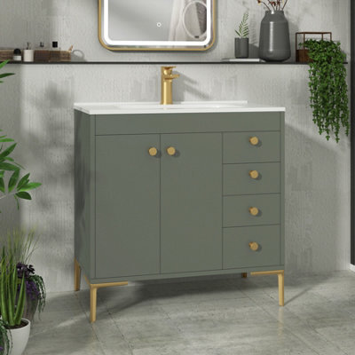 Royal Bathrooms Verona 800mm Matt Green Floor Standing Bathroom Vanity Unit 2 Door, 4 Drawer Cabinet With Ceramic Basin & Brushed Brass Knob - image 1
