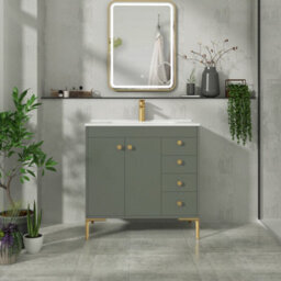 Royal Bathrooms Verona 800mm Matt Green Floor Standing Bathroom Vanity Unit 2 Door, 4 Drawer Cabinet With Ceramic Basin & Brushed Brass Knob - thumbnail 4