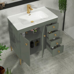 Royal Bathrooms Verona 800mm Matt Green Floor Standing Bathroom Vanity Unit 2 Door, 4 Drawer Cabinet With Ceramic Basin & Brushed Brass Knob - thumbnail 6