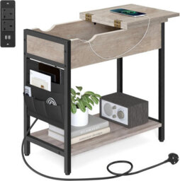 Songmics Narrow Charging Side Table, Slim Bedside Station With Usb Ports, Storage Bags, Heather Greige And Ink Black - thumbnail 8