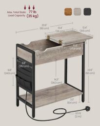 Songmics Narrow Charging Side Table, Slim Bedside Station With Usb Ports, Storage Bags, Heather Greige And Ink Black - thumbnail 2