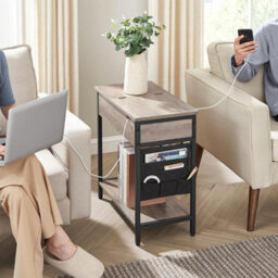 Songmics Narrow Charging Side Table, Slim Bedside Station With Usb Ports, Storage Bags, Heather Greige And Ink Black - thumbnail 1
