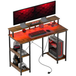FURNOLD Industrial 120Cm Computer Desk With Usb Outlets, Led Lights, And Storage Shelves - thumbnail 1