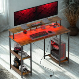 FURNOLD Industrial 120Cm Computer Desk With Usb Outlets, Led Lights, And Storage Shelves - thumbnail 5