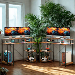 FURNOLD Industrial 120Cm Computer Desk With Usb Outlets, Led Lights, And Storage Shelves - thumbnail 3
