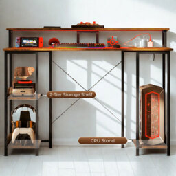 FURNOLD Industrial 120Cm Computer Desk With Usb Outlets, Led Lights, And Storage Shelves - thumbnail 4