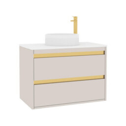 Royal Bathrooms Orion 800mm Warm Taupe Wall Hung Plain White Countertop Vanity Unit 2 Drawer With Round Basin & Brushed Brass Accent Trim - thumbnail 6