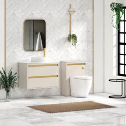 Royal Bathrooms Orion 800mm Warm Taupe Wall Hung Plain White Countertop Vanity Unit 2 Drawer With Round Basin & Brushed Brass Accent Trim - thumbnail 3