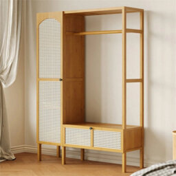 Tall Rustic Clothes Rack With Open Shelves Rattan Doors - thumbnail 5