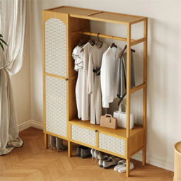 Tall Rustic Clothes Rack With Open Shelves Rattan Doors - thumbnail 4