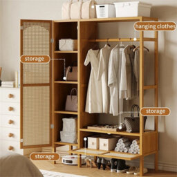 Tall Rustic Clothes Rack With Open Shelves Rattan Doors - thumbnail 3