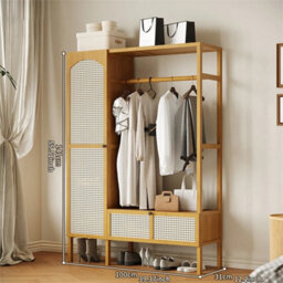 Tall Rustic Clothes Rack With Open Shelves Rattan Doors - thumbnail 2