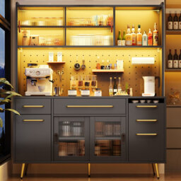 Btm Led Tall Sideboard With Pegboard, Drawer And Glass Shelves, Kitchen/living Room Cabinet, Black - thumbnail 4