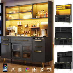 Btm Led Tall Sideboard With Pegboard, Drawer And Glass Shelves, Kitchen/living Room Cabinet, Black - thumbnail 1