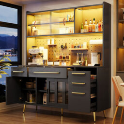 Btm Led Tall Sideboard With Pegboard, Drawer And Glass Shelves, Kitchen/living Room Cabinet, Black - thumbnail 3